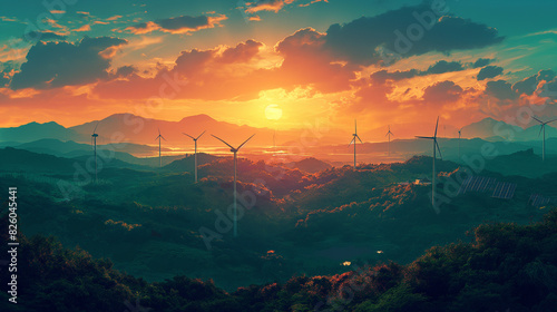 arafed view of a wind farm with a sunset in the background