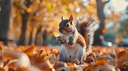 Natural beauty of a squirrel gathering nuts in a park