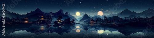 night scene of a lake with a mountain and a house in the distance