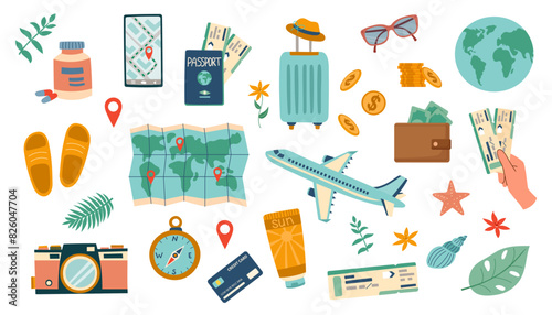 Travel set. Travel concept. Set of travel objects isolated on white. Hand drawn flat illustration.