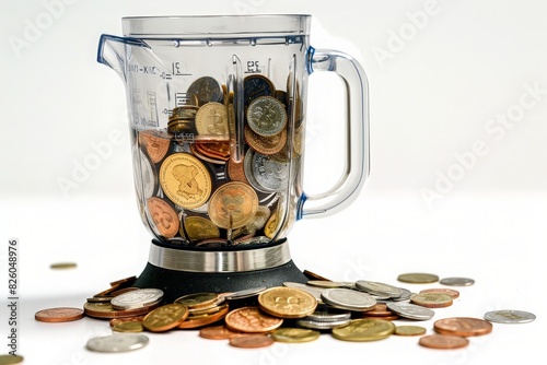 Money in a blender. Conceptual photograph of coins in a transparent pitcher on a white background. Sales, purchase, budgeting, healthy eating.