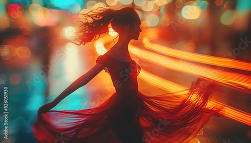 Silhouette of a woman in a red dress dancing in the city lights.