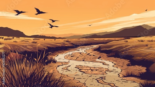 Beautiful sunset over a dry riverbed in a barren landscape with flying birds, mountains, and stunning colors in the background.
