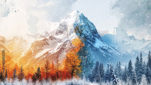Stunning mountain panorama capturing the transition from autumn to winter, with vibrant foliage and snow-covered peaks.