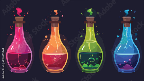 Potion bottles with magic elixir cartoon glass flasks