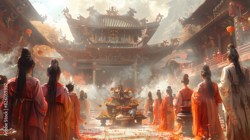 people in orange and red robes are standing in a courtyard