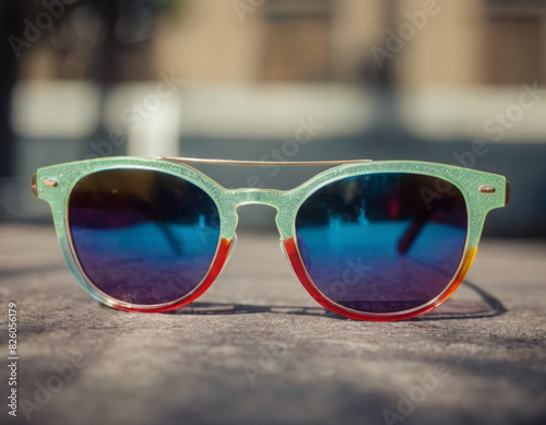 Un paio di occhiali da sole rotondi con montatura metallica, adagiati su una mappa, suggeriscono avventure in viaggio.