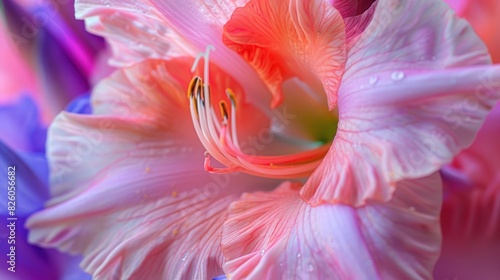Close-up of a pink and purple gladiolus with large stamens 
