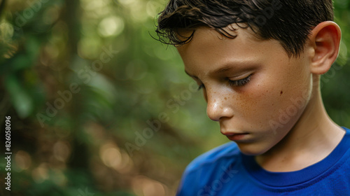 A boy with brown hair and blue shirt looking at the camera
