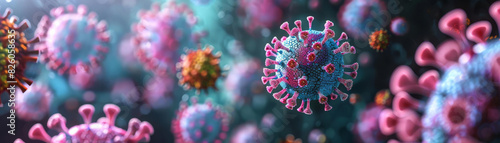 Artistic and educational representation of microscopic viruses, vivid and detailed, perfect for scientific exploration