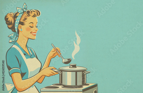 Paper textured vintage style illustration of cheerful young woman with apron cooking at the stove and standing isolated on blue background. Happy housewife of the 1950s concept. Copy space 