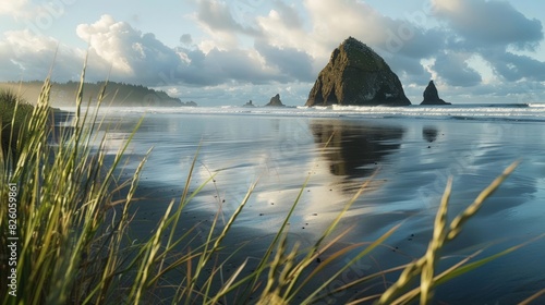 The iconic Haystack Rock and stunning coastal views of Cannon Beach, perfect for a peaceful seaside escape.