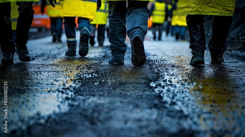 The stark contrast of bright yellow safety vests against the dark pavement depicts the dedicated workers on their mission to improve the roads.