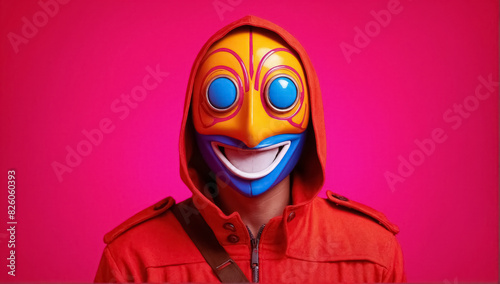  Portrait of a man wearing a colorful mask with exaggerated facial features against a bright pink background
