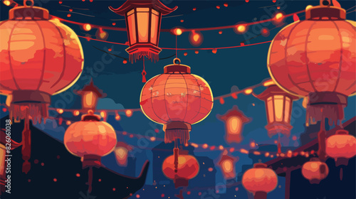Red hanging lanterns. Cartoon chinese lantern street