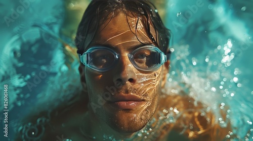 Young man swimming the front crawl in a pool, taken underwater.