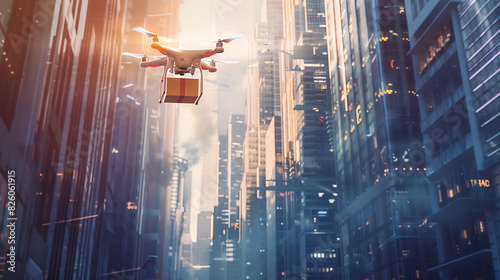 illustration of a drone flying down a narrow alleyway between tall buildings