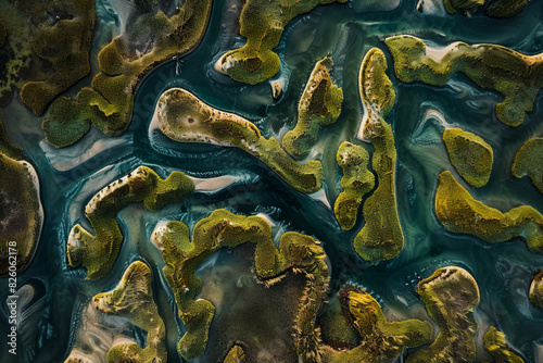 Aerial view of intricate water patterns and vegetation in wetlands, creating an abstract, minimalist composition. 