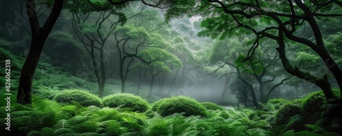 Serene forest landscape with lush green foliage, misty atmosphere, and tranquil ambiance, creating a peaceful and calming nature scene.