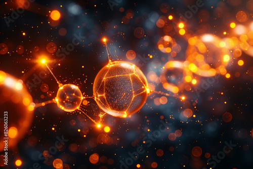 Close-up of molecular structures with glowing particles and lines representing bonds
