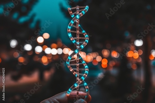 Elegant DNA Spiral Held Against Twilight City Background, Symbolizing the Interface of Nature and Urban Life