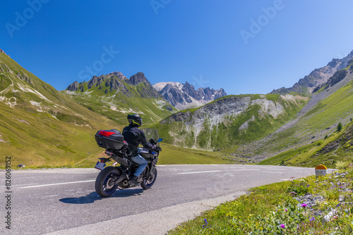 Motorbike on route des Grandes Alpes near Col du Galibier, Hautes-Alpes, France