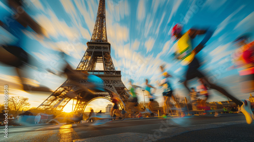 eiffel tower blurred with people running by 