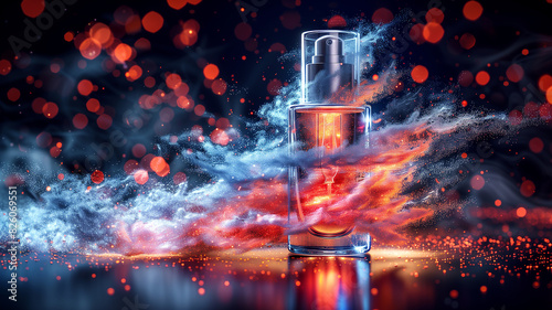 A bottle of perfume is surrounded by a cloud of smoke, creating a dramatic
