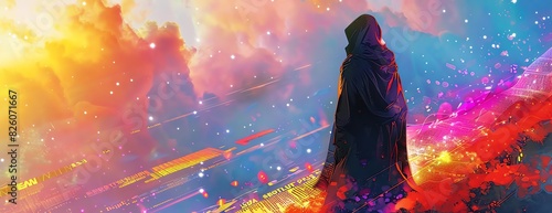 Illustration of a hooded figure overlooking a vibrant fantasy landscape mixed with glowing news ticker tape, watercolor art style, ethereal and immersive atmosphere, vibrant colors