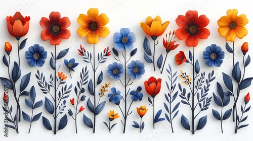 On a white background, Scandinavian folk art elements are isolated