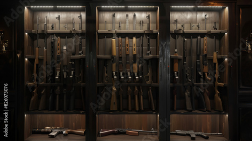 An array of rifles displayed inside a dark, sophisticated gun cabinet.