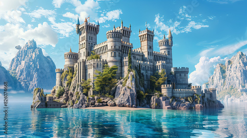 A castle is in the middle of a lake with a bridge connecting it to the shore. The castle is surrounded by trees and rocks, and the water is calm and clear. The scene is peaceful and serene