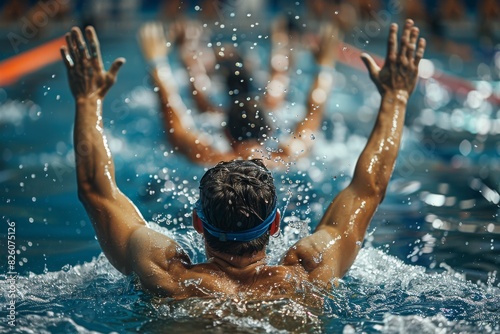 An athlete in a pool doing the butterfly stroke captured at the moment of arm lift