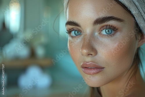 An up-close image of a young woman's face showing her flawless makeup, fresh skin, and attractive features in a bathroom setting