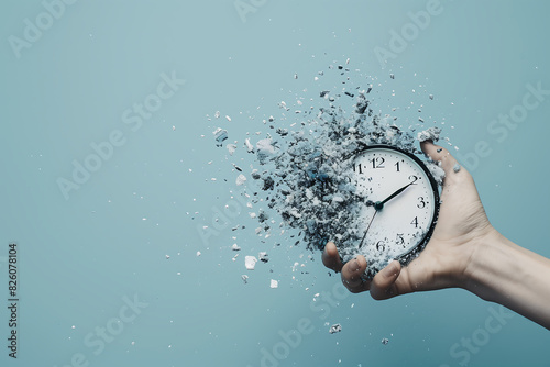 Concept of time passing away, the clock breaks down into pieces. 