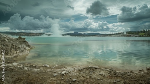 A serene lake with a geysers dramatic eruption in the distance