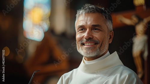 During a sermon in a catholic church, a priest with a smile stands behind a podium with a crucifix, dressed in a white robe, encouraging visitors to pray for salvation.
