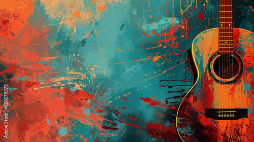 A guitar is painted in a colorful and abstract style, with splatters of paint all over it. Scene is energetic and creative