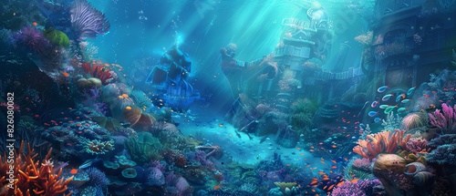 High-angle view of an enchanting fantasy world, blending vibrant coral reefs with mythical underwater realms, photorealistic details, digital painting