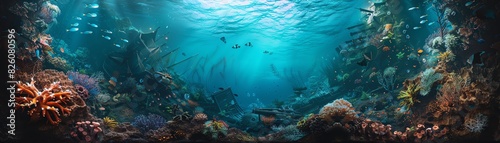 Wide-angle view of an underwater fantasy world