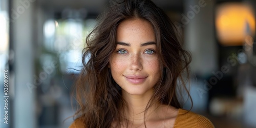 A portrait capturing the joyful expression of a woman with freckles and long brown hair