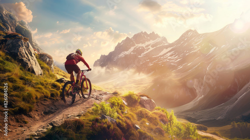 Mountain biker conquers rugged trail amidst majestic sunset in a breathtaking landscape.