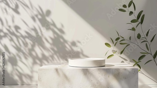 Minimalist still life with white ceramic tray on concrete block, casting soft shadows, and greenery against a bright, clean background