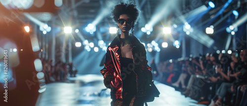 Fashion model struts down the runway with confidence during a high-energy fashion show.