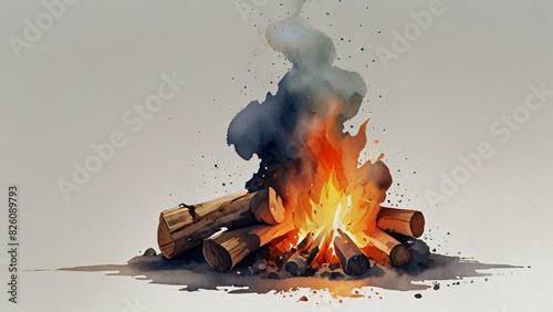 Watercolor painting of a crackling bonfire, ideal for invitations, flyers, or social media posts
