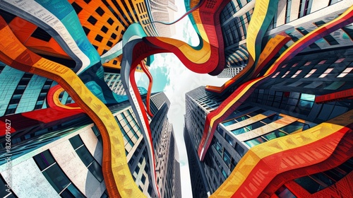 Tort law visualized in a surreal cityscape, twisted buildings, abstract, bright and bold colors