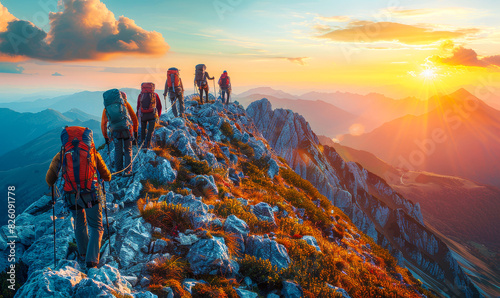 Mountaineers Conquering Daring Summit During Golden Sunrise, Breathtaking Inspiring Adventure Along Majestic Rocky Ridge
