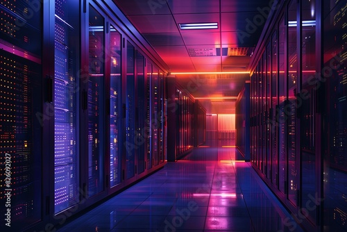 A long hallway filled with rows of operational servers in a secure data center facility