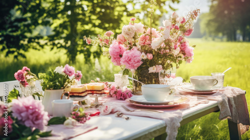 Exquisite table setting with pink floral arrangements, crystal glasses in an outdoor garden with natural light on a summer day. The concept of an outdoor event.