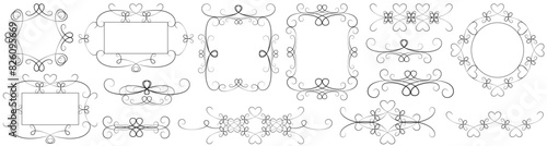 Set of contour vector decorative elements: frames, vignettes, borders, page dividers, banners with curls, hearts, and bows.